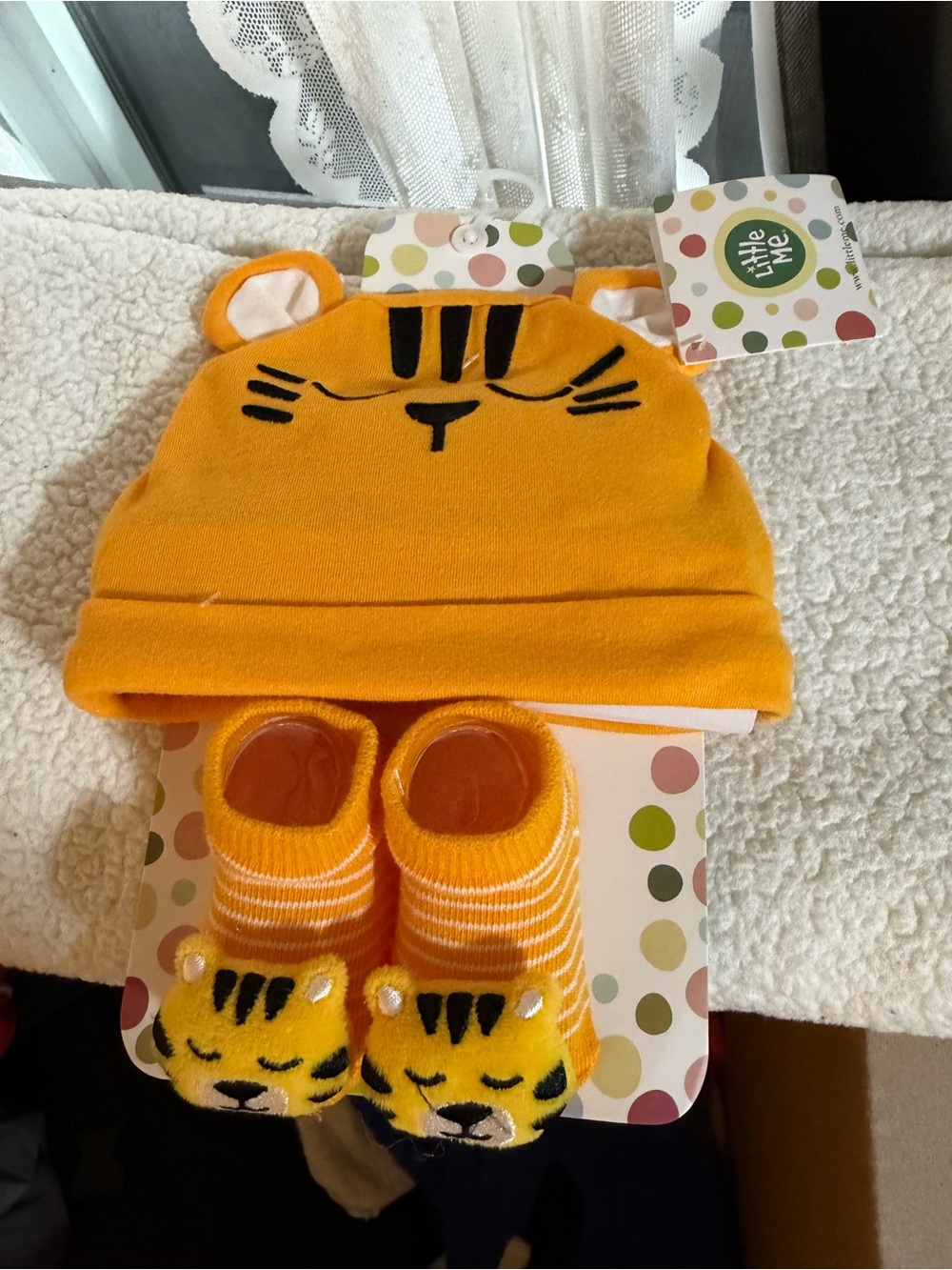 Little Me Bright Orange Tiger Hat and Sock Set